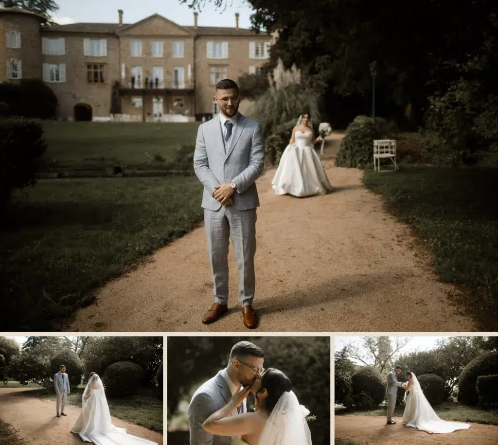 Découverte des mariés dans les jardins du Château de Champ-Renard