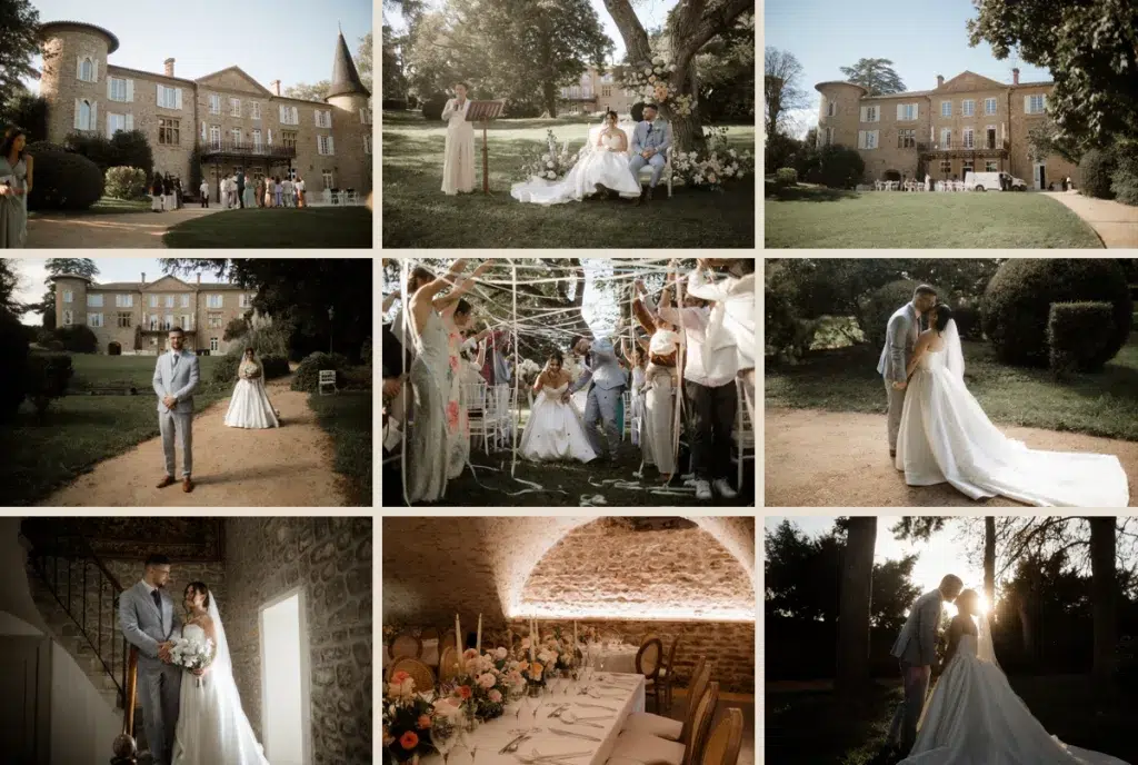couple de mariés dans les jardins du château de Champ-Renard beaujolais