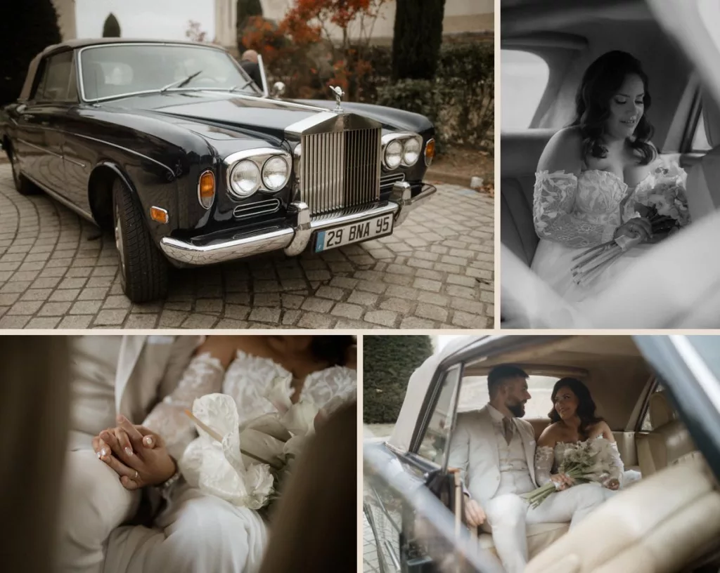 arrivée des mariés en Rolls Royce au château des Vièrres mariage beaujolais