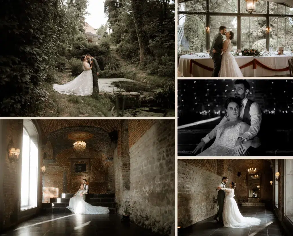 Portrait des mariés dans l’architecture élégante de l’Abbaye de Nizelles